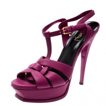 Pre Owned Saint Laurent Paris Pink Leather Tribute Platform Sandals Size 39.5
