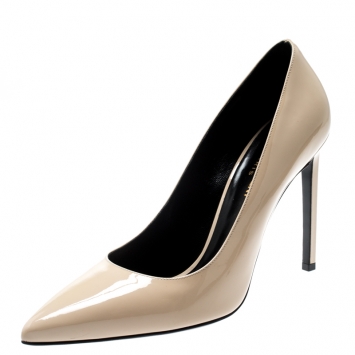Pre Owned Saint Laurent Paris Beige Patent Leather Paris Skinny Pointed Toe Pumps Size 39