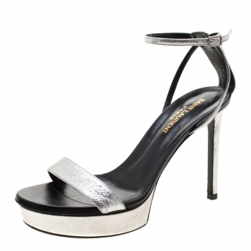 Pre Owned Saint Laurent Paris Metallic Silver Leather Platform Ankle Strap Sandals Size 37