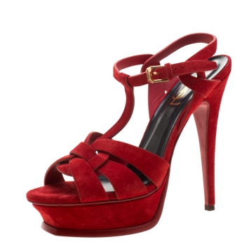 Pre Owned Saint Laurent Paris Red Leather Tribute Platform Sandals Size 38