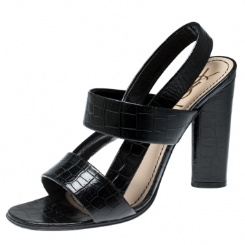 Pre Owned Saint Laurent Paris Black Croc Embossed Leather Slingback Open Toe Sandals Size 36.5