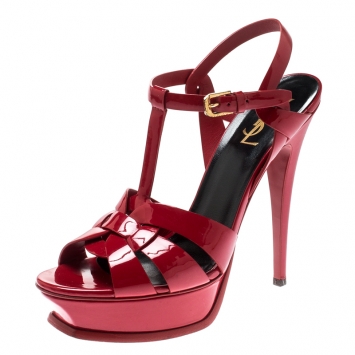 Pre Owned Saint Laurent Paris Red Patent Leather Tribute Platform Sandals Size 40