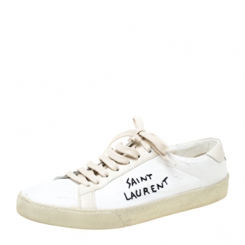 Pre Owned Saint Laurent Paris White Canvas And Leather Court Classic Logo Sneakers Size 39
