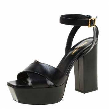 Pre Owned Saint Laurent Paris Black Leather Farrah Criss Cross Platform Sandals Size 39.5