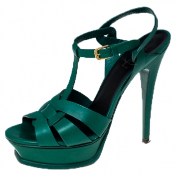 Pre Owned Saint Laurent Paris Green Leather Tribute Platform Sandals Size 39.5