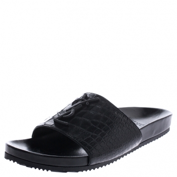 Pre Owned Saint Laurent Paris Croc Black Leather Joan Flat Slides Size 37.5
