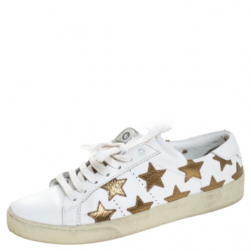 Pre Owned Saint Laurent Paris White/Gold Leather Star Alpha Low Top Sneakers Size 37
