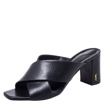 Pre Owned Saint Laurent Paris Black Leather Loulou Criss Cross Mules Size 37.5