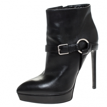 Pre Owned Saint Laurent Black Leather Platform Ankle Booties Size 37