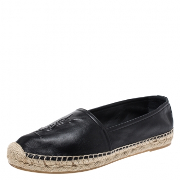 Pre Owned Saint Laurent Paris Black Leather Espadrille Flats Size 36.5