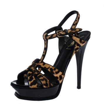 Pre Owned Saint Laurent Brown/Black Leopard Print Calf Hair Tribute Platform Sandals Size 37.5