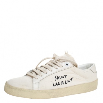 Pre Owned Saint Laurent Paris White Canvas with Leather Trim Court Classic Logo Sneakers Size 38