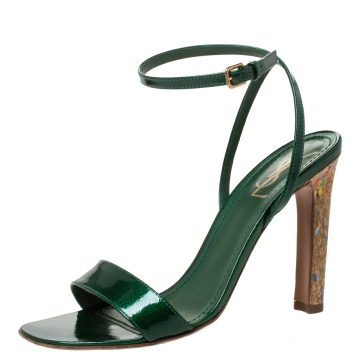 Pre Owned Saint Laurent Paris Green Patent Leather Multicolor Cork Heels Ankle Strap Sandals Size 40