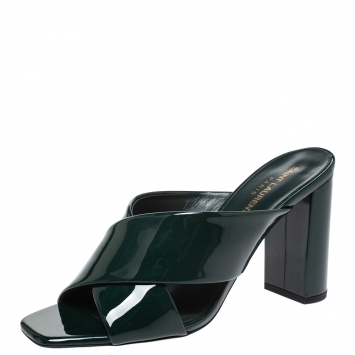 Pre Owned Saint Laurent Paris Green Patent Leather Loulou Criss Cross Mules Size 39