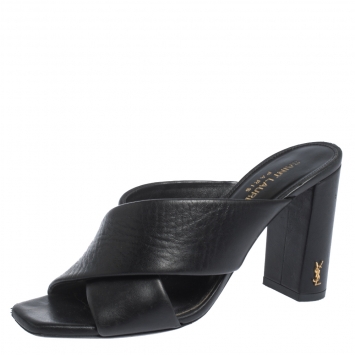 Pre Owned Saint Laurent Paris Black Leather Loulou Criss Cross Mules Size 36
