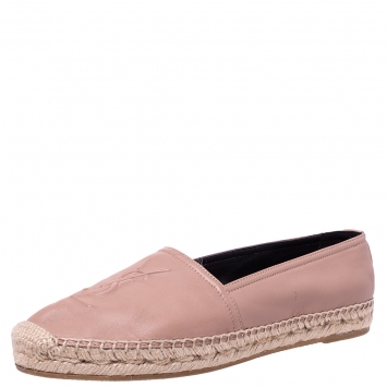 Pre Owned Saint Laurent Paris Pink Leather Logo Embossed Espadrille Flats Size 37