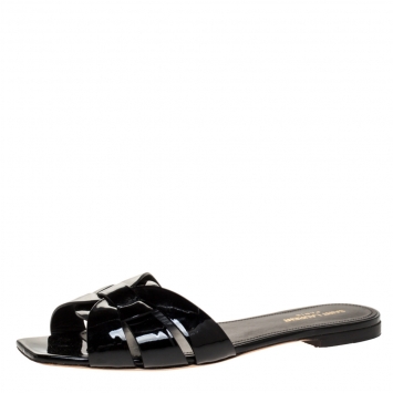 Pre Owned Saint Laurent Paris Black Patent Leather Tribute Flats Size 40
