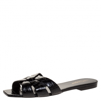 Pre Owned Saint Laurent Paris Black Croc Embossed Leather Tribute Flat Slides Size 39