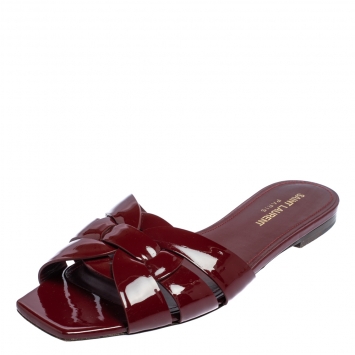 Pre Owned Saint Laurent Burgundy Patent Leather Tribute Flat Slides Size 38.5