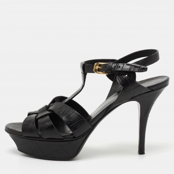 Pre Owned Saint Laurent Black Croc Embossed Leather Tribute Sandals Size 36.5