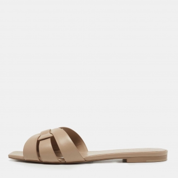 Pre Owned Saint Laurent Beige Leather Tribute Slides Size 40