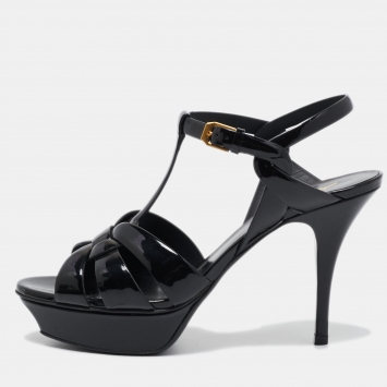 Pre Owned Saint Laurent Black Patent Leather Tribute Sandals Size 40