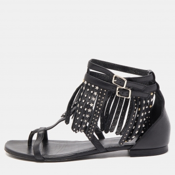Pre Owned Saint Laurent Paris Black Leather Fringed Detail Ankle Strap Flat Sandals Size 37.5