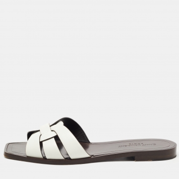 Saint Laurent White Leather Tribute  Flat Slides Size 37 
