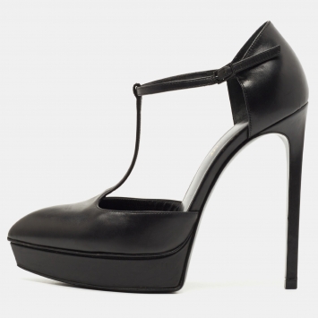 Pre Owned Saint Laurent Black Leather T Strap Pumps Size 36