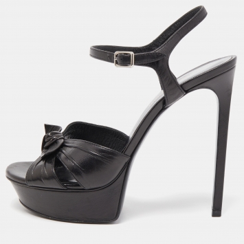 Pre Owned Saint Laurent Paris Black Leather Bow Platform Ankle Strap Sandals Size 38