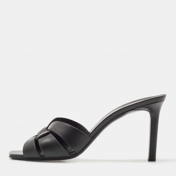 مملوكة مسبقًا Saint Laurent Black Leather Tribute Slide Sandals Size 40