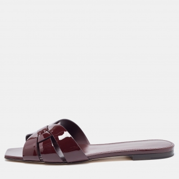 Pre Owned Saint Laurent Burgundy Patent Leather Tribute Flat Slides Size 40