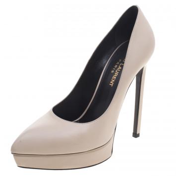 Pre Owned Saint Laurent Paris Cream Leather Janis 105 Platform Pumps Size 37