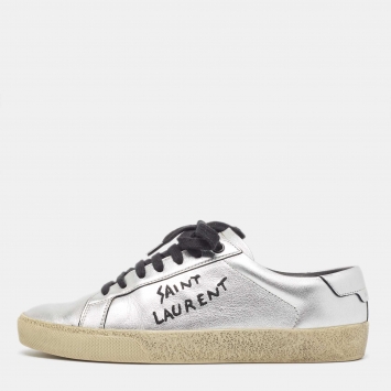 Pre Owned Saint Laurent Silver Leather Court Classic SL/06 Sneakers Size 37