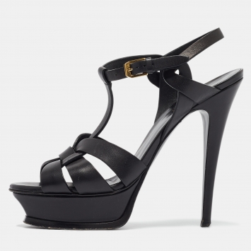 Pre Owned Saint Laurent Black Leather Tribute Sandals Size 38