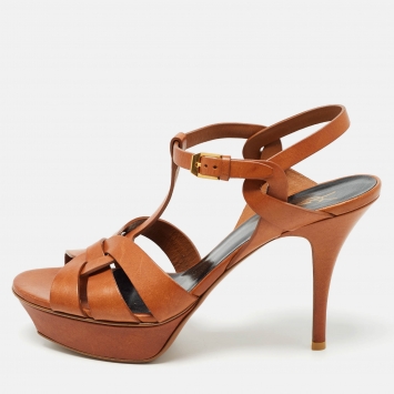 Pre Owned Saint Laurent Brown Leather Tribute Sandals Size 40