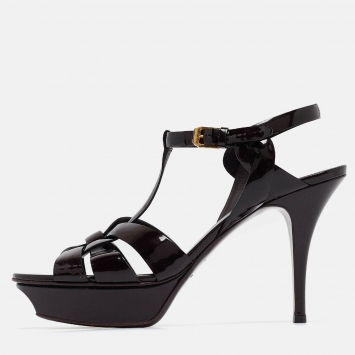 Pre Owned Saint Laurent Dark Burgundy Patent Leather Tribute Sandals Size 40
