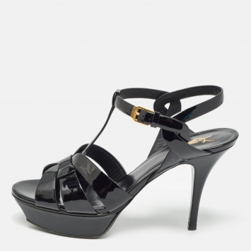 مملوكة مسبقًا Saint Laurent Black Patent Leather Tribute Sandals Size 39