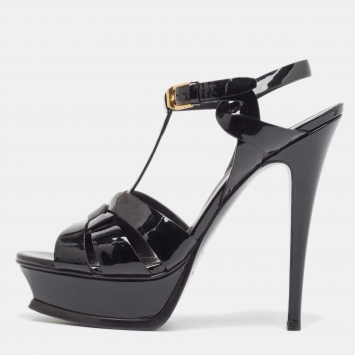 Pre Owned Saint Laurent Black Patent Tribute Sandals Size 38