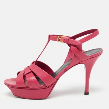 Pre Owned Saint Laurent Pink Leather Tribute Platform Sandals Size 39.5