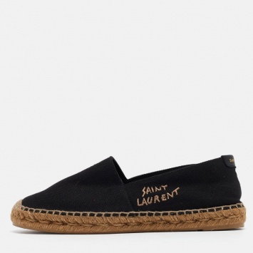 Pre Owned Saint Laurent Black Canvas Embroidered Logo Espadrille Flats Size 39
