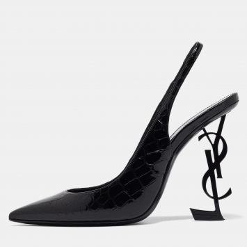 Pre Owned Saint Laurent Black Croc Embossed Patent Leather Opyum Pumps Size 39.5
