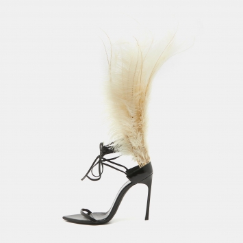 Pre Owned Saint Laurent Paris Black/White Leather and Feather Iris Ankle Wrap Sandals Size 39