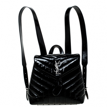 Pre Owned Saint Laurent Paris Black Matelasse Patent Leather LouLou Backpack
