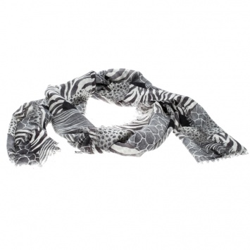 Pre Owned Salvatore Ferragamo Monochrome Animal Pattern Silk Cashmere Frayed Trim Scarf