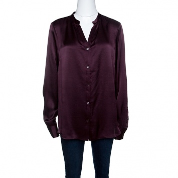 Pre Owned Salvatore Ferragamo Burgundy Textured Silk Long Sleeve Shirt L