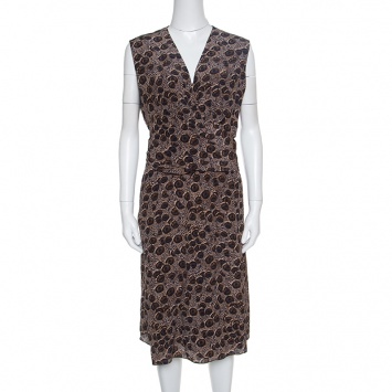 Pre Owned Salvatore Ferragamo Peacock Feather Printed Silk Draped Sleeveless Dress L