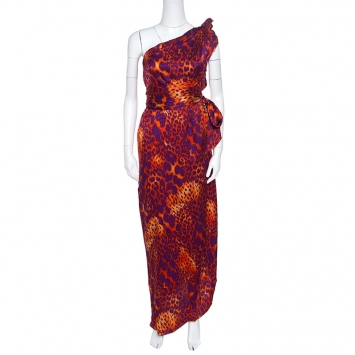 Pre Owned Salvatore Ferragamo Clementine Animal Printed Silk One Shoulder Dress M