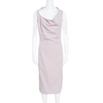Pre Owned Salvatore Ferragamo Beige Wool and Cotton Paneled Twist Front Detail Shift Dress L