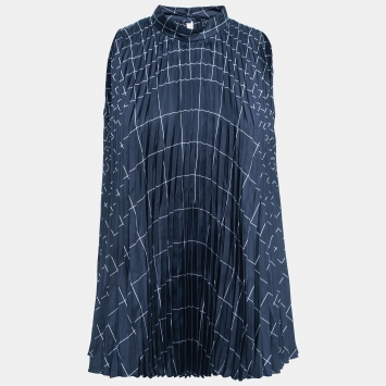 Pre Owned Salvatore Ferragamo Navy Blue Printed Pleated Sleeveless Top M